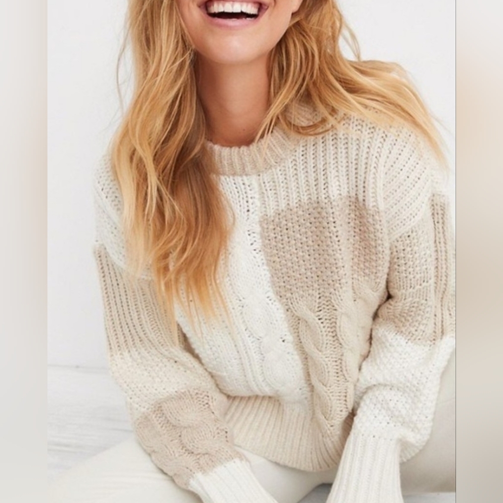 Aerie Patchwork Crew Cable Knit Sweater Size XS